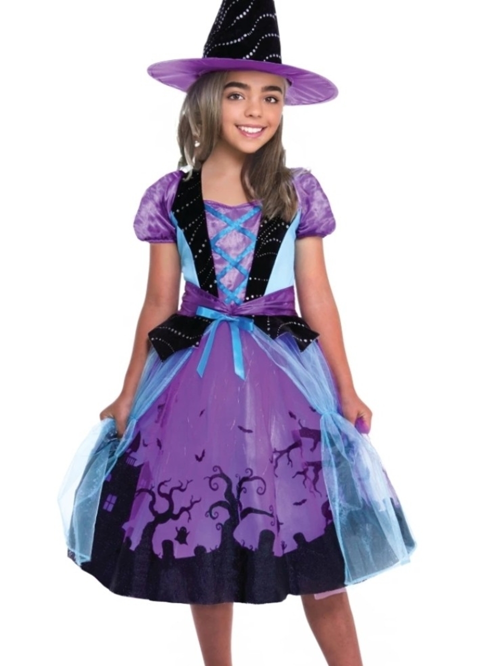 Girl's Happy Haunts Cauldron Cutie Witch Dress, Medium 8-10, Purple/Teal